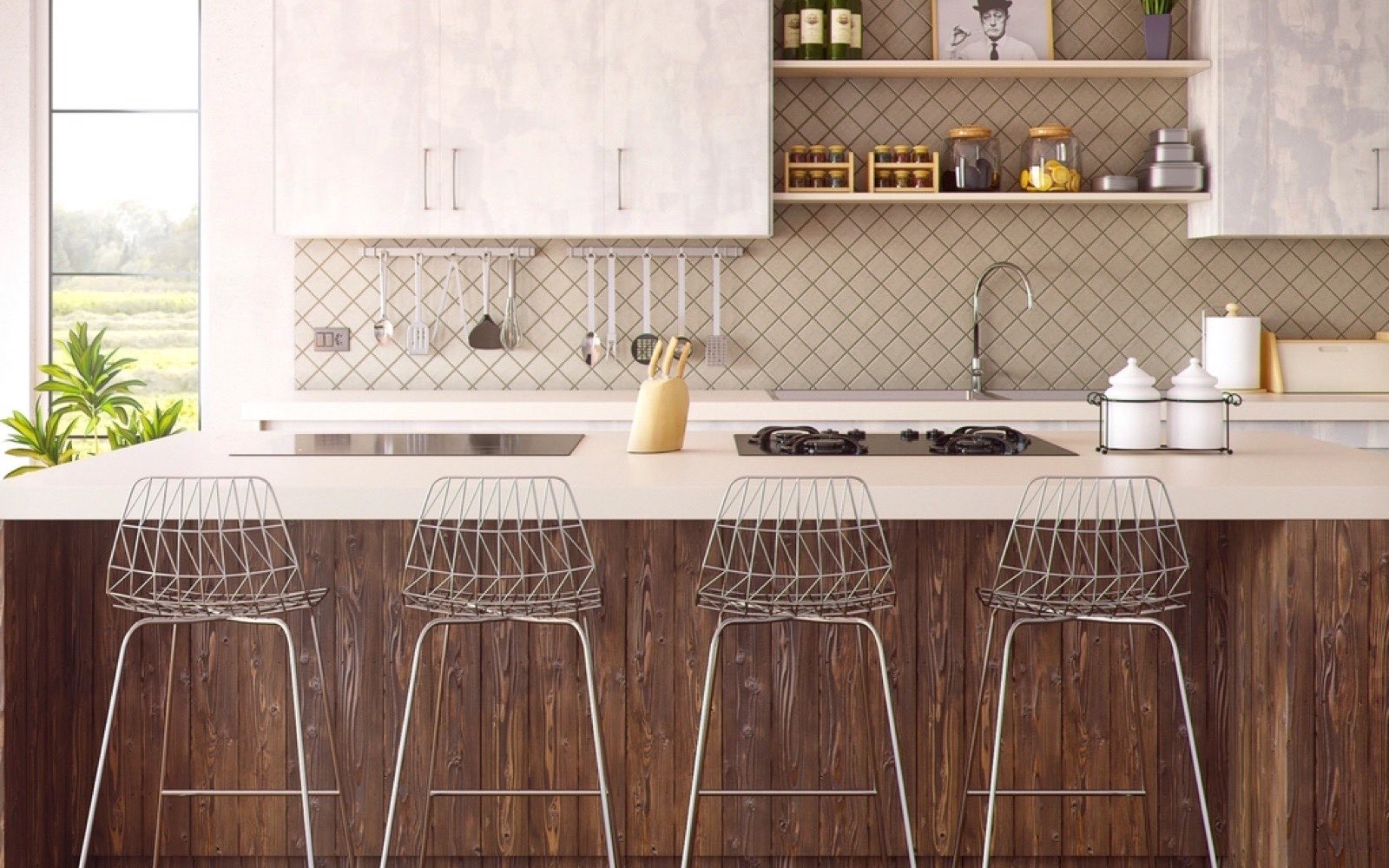 A renovated kitchen with a wood-panelled island and stools